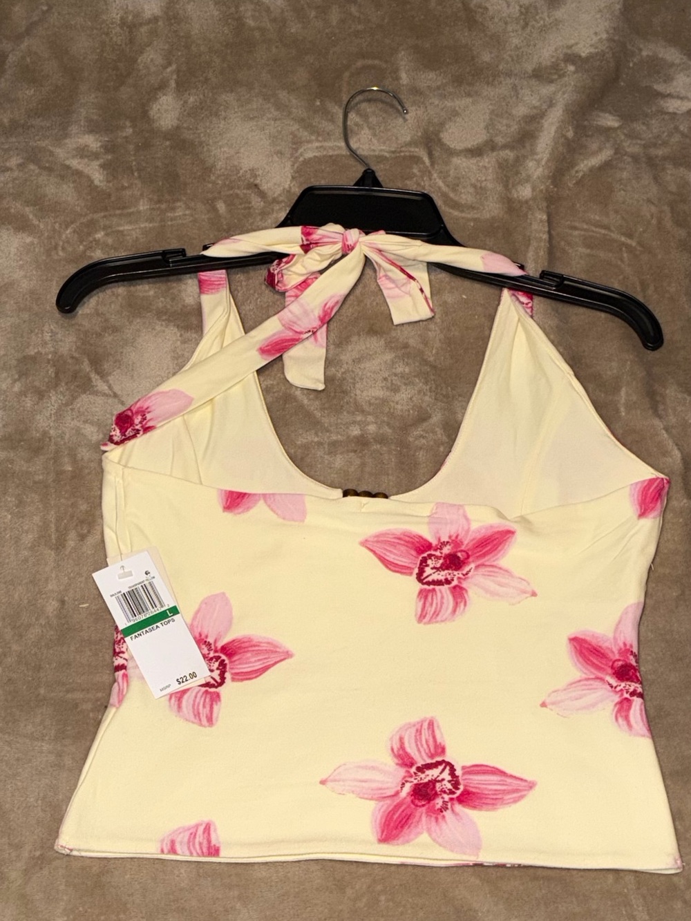 Derek Heart Cream Pink Floral Tie-Back Halter Crop Top - Picture 2 of 4